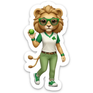 friendly anthropomorphised female lion wearing green and white baseball shirt, jeans, festive St. Patrick's Day accessories, dark sunglasses, walking upright with confident stride sticker