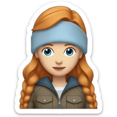 Straight ginger hair and blue eyes woman with a Canadian jacket sticker