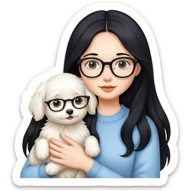 A beautiful girl with long black hair and glasses is holding a long-haired white puppy sticker