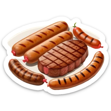 Meat dishes avatar in clean emoji-style illustration. Steak, roasted meat, and sausages, rich brown and red tones, simple shapes, flat design, hearty and appetizing. sticker