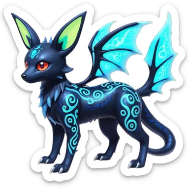 Shiny Fiery Dark Ugly Evil Realistic Glowing Eldritch Horror Cool Edgy Badass Emo Glorious Demonic Batty Punky Aural Iridescent Fluorescent Bioluminescent Umbreon-Amaura-Salandit-Litten-Flareon-Fakémon-fusion (full body) with intricate pattern markings sticker