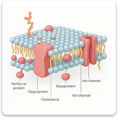 A highly detailed, scientifically accurate cross-section of a biological cell membrane (lipid bilayer) on a white background, ultra-realistic 3D illustration. Show the phospholipid bilayer with hydrophilic heads (round, polar) facing outward and hydrophobic tails (chains) inside. Include embedded proteins (integral and peripheral), cholesterol molecules (small, rigid), glycoproteins with sugar chains, and ion channels. The style should be clean, lab-textbook style, with subtle shadows and depth. Use a color scheme: light blue for hydrophilic heads, yellow for hydrophobic tails, red/pink for proteins, and orange for cholesterol. Microscope-like precision, no artistic stylization. sticker