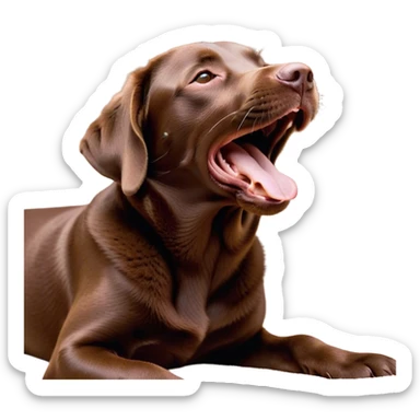 Cinematic Cute Yawning Chocolate Labrador Portrait Emoji, Head tilted slightly with a dramatic, wide-open yawn, showcasing a smooth chocolate Fur with a velvety texture, floppy ears slightly drooping, round brown eyes barely open in drowsy contentment, Simplified yet irresistibly adorable features, highly detailed, glowing with a soft, cozy glow, high shine, relaxed yet expressive, stylized with a touch of whimsy, bright and endearing, soft glowing outline, capturing the essence of a sleepy yet affectionate companion, so drowsy it feels like it could stretch out of the screen and curl up for a nap! sticker