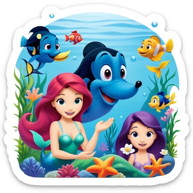 Colorful icon for Animated Movies: A vibrant collage featuring iconic characters like Goofy, Mickey Mouse, Ariel the Little Mermaid, Jasmine, Masha and the Bear, and Luntik. Each character should be large and bright, set against a cheerful and playful background. Transparent background. sticker