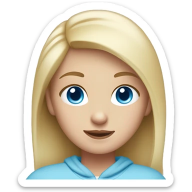 A girl with blue eyes and blonde hair and whitwhite skin and wearing a light blue sweatshirt sticker