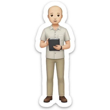 man, mid 30's shirt and trousers balding hairline, full body, standing, holding a clipboard sticker