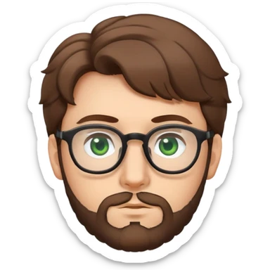 Young man with slightly curled brown poofy hair, green eyes wearing glasses, wide face with eyes set apart, bigger ears, and stubble but not a full beard sticker