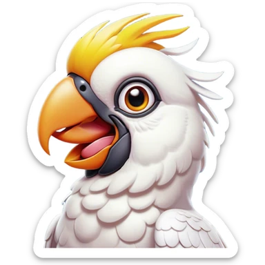 Cinematic Comical Cockatoo Portrait Emoji, Head tilted dramatically with an exaggeratedly shocked expression, featuring a striking, crest-adorned head with wide, comically expressive eyes full of playful disbelief and a vibrant, animated beak, Simplified yet hilariously expressive features, highly detailed, glowing with a slightly sassy tropical glow, high shine, dramatic yet playful, stylized with an air of cheeky avian mischief, soft glowing outline, capturing the essence of a meme-worthy cockatoo that looks ready to squawk its way into viral fame! sticker
