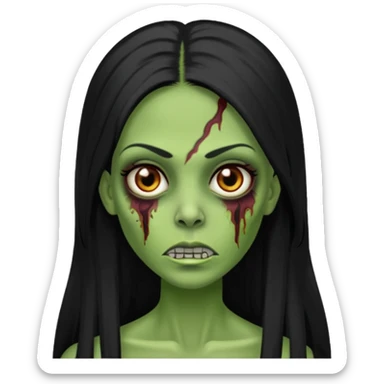 Faça uma zombie verde mulher com cabelos preto, liso e longo de olhos castanhos sticker