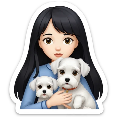 Girl with long black hair and bangs holding a white schnauzer dog sticker