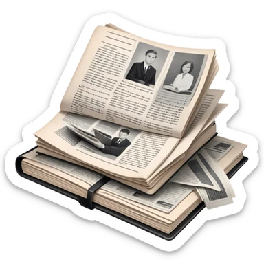 Icon for Non-Fiction & Narrative Reading: an open book with black-and-white photos on the pages, surrounded by a pile of newspaper clippings, and an open folder with top-secret documents. The icon should reflect the blend of real stories and facts in non-fiction literature. Transparent background. sticker
