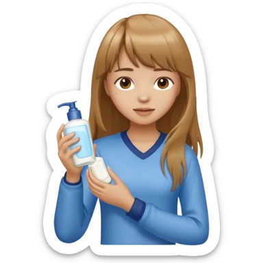 a girl with light skin and medium brown long hair with bangs who is applying lotion to her body show her whole body sticker