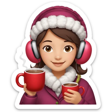 A cozy vendor with fluffy earmuffs, handing out steaming cocoa with a warm smile. sticker