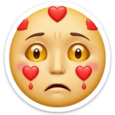 A yellow circular frowning face that is crying tears from its eyes, with a dozen hearts floating from top to bottom in front of it sticker