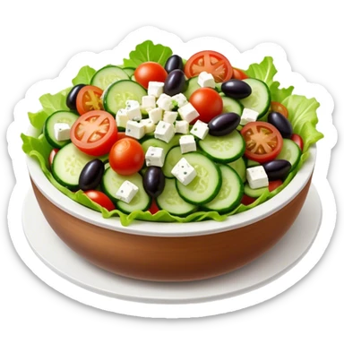 Cinematic Realistic Greek Salad Dish Emoji, depicted with crisp lettuce, tomatoes, cucumbers, olives, and feta cheese rendered with vibrant textures and fresh, natural lighting. sticker