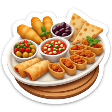 Cinematic Realistic Tapas Dish Emoji, depicted as an assortment of small, flavorful Spanish appetizers rendered with vibrant detail and warm, inviting lighting. sticker
