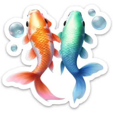  Two realistic koi fish, one green & blue, the other pink & white, swimming in opposite directions, ying yang, Pisces fish, cloudy, water, dreamy, bubbles, iridescent sticker