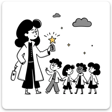 hand-drawn warm illustration of a gentle teacher with a star-shaped lantern, leading a group of people through a soft, welcoming night sticker