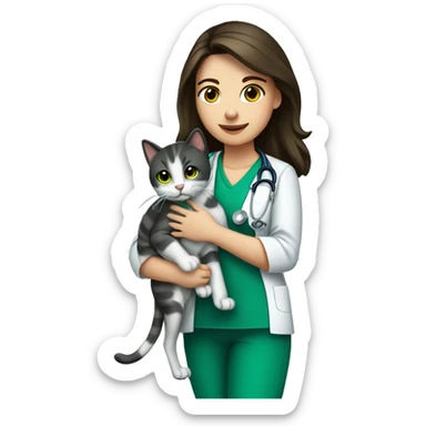 Pretty Brunette veterinary nurse. green scrubs holding a cat sticker