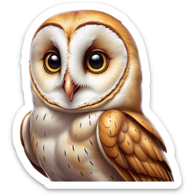 Cinematic Comical Barn Owl Portrait Emoji, Head tilted dramatically with an exaggeratedly amused expression, featuring a striking mottled plumage with bold contrasts, wide, expressive amber eyes filled with playful disbelief, Simplified yet hilariously expressive features, highly detailed, glowing with a slightly sassy glow, high shine, dramatic yet playful, stylized with an air of cheeky nocturnal mischief, bright and endearing, soft glowing outline, capturing the essence of a spirited and over-the-top owl, so meme-worthy it feels like it could hoot its way into internet fame instantly! sticker