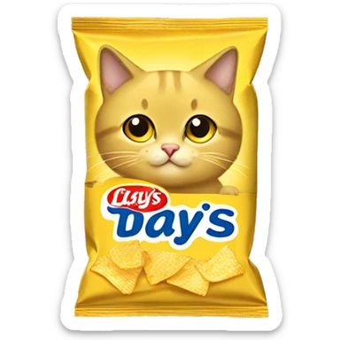 Beige-gray cute cat with big sparkling eyes sitting inside a yellow Lay's chips packet sticker