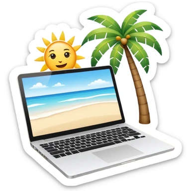 A minimalist emoji-style icon representing workation: An open laptop in the foreground on the beach. Background shows sea, sun, and a palm tree. No people, no text, clean and simple design like an emoji. sticker