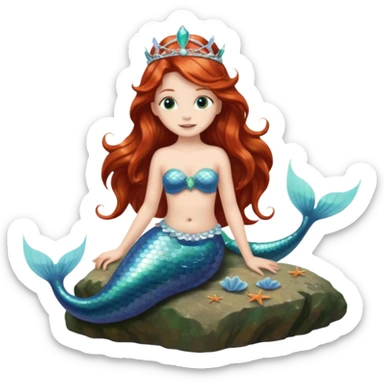Mermaid with Shell Crown – Long flowing hair, shell tiar, sitting on rock sticker