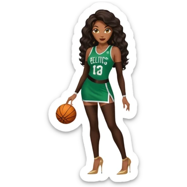 A 47-year-old chocolate ebony brown black woman with brown eyes, long body wave black brown baylaige hair dressed in sexy 
celtics jersey costume outfit and stilettos  sticker