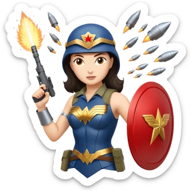 Female full confidence battle ready soldier heroically saving lives accompanied by Wonder Woman , with shelling happening all around sticker
