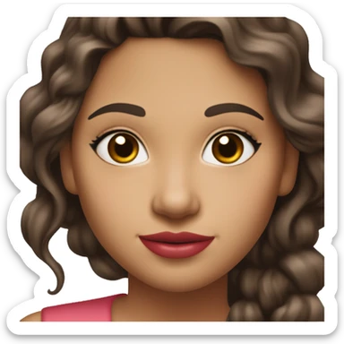 She has soft features, fair skin, and almond-shaped eyes. Her defined eyebrows and natural pink lips frame her face. Her dark, wavy hair is partly tied back, giving her an elegant yet relaxed look.  She wears a red V-neck long luxurious dress. White skin. sticker