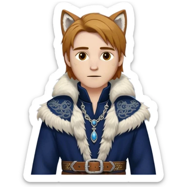 Medieval winter outfit worn by a DnD themed fantasy male character. Midnight blue felted wool tunic with silver fox fur collar, embellished with ornate metal clasps and a thick leather belt with decorative stitching. Clothes only above the waist, full waist coverage. The character has no arms. Character is white-skinned with honey brown hair, amber eyes, and shoulder-length straight hair with winter-weathered ends. sticker