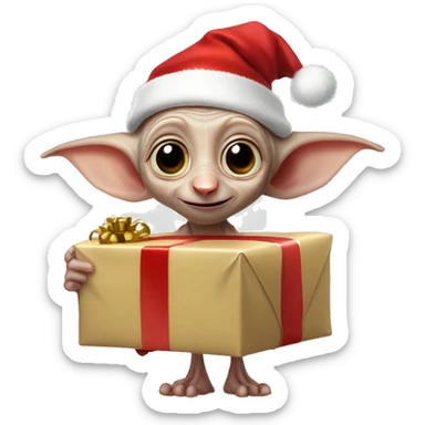Dobby the house-elf wearing a tiny Santa hat, holding a wrapped gift with his big, joyful eyes shining sticker