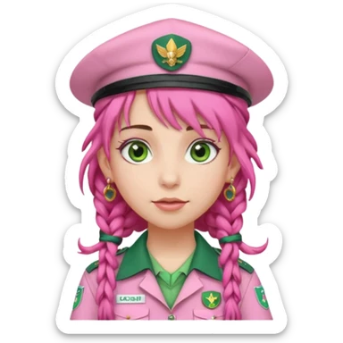 very pretty girl big green eyes, scout girl with pretty pink uniform, pink dreadlocks, and big earrings and scouts hat sticker