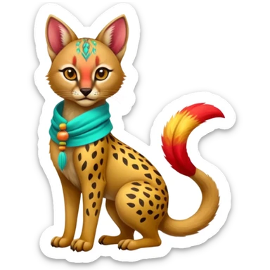 Colorful cute adorable tropical exotic fruity kiwi-green lemony rosy neon-red Caracal-Cheetah-Civet-Trico-fusion-hybrid-animal-creature, full body, with tribal tattoos, wearing a yellow-and-cyan scarf sticker