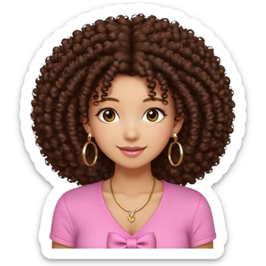 Naturally tan skin girl short darkBrown curly afropink shirt very long lashes hoop gold earrings Brown eyes gyaru smiling closed mouth cute bow hairclip small on the side. V neck pink shirt. Teenager bow on shirt, cleavage sticker