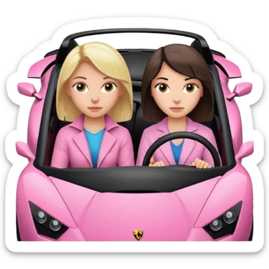 Car facing forward in pink sports car. The best friend girls are not smiling but very pretty, just neutral expression. One girl is blonde, one girl is brunette. Front of car sitting in the seats. Make it a pink sports car. They are two baddies make it a Lamborghini pink car  sticker