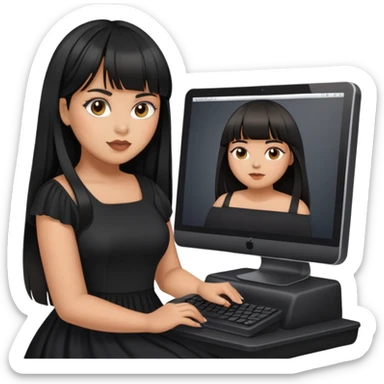Latina girl with bangs black long hair plus size black dress on computer sticker