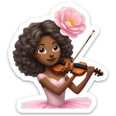 ballet brunette with brown skin girl with soft pastel tutu playing violin with peonies and sparkles realistic coquette sticker