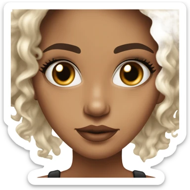 Chica morena de piel con pelo castaño oscuro listo y largo. Cara delgada, ojos rasgados y marrones oscuros y labios carnosos. Maquillada. Delgada . Top blanco.  sticker