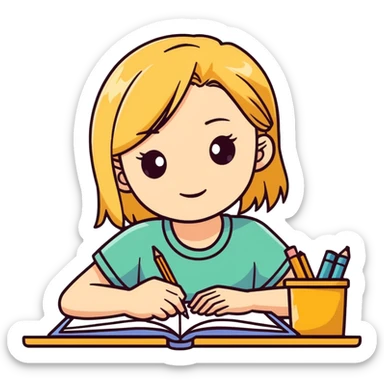 Blonde, hazel-eyed girl studying sticker