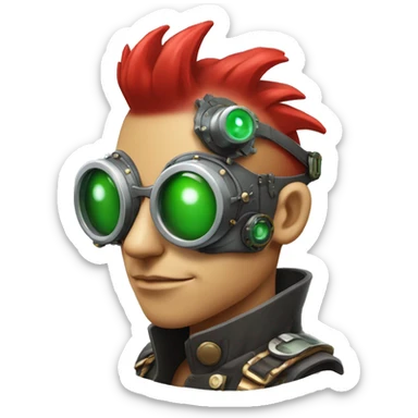 Male cyborg with thin red Mohawk and green steampunk goggles sticker