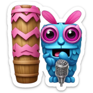 Cartoon Blue and pink tiki singing with butterfly and mikrophone sticker
