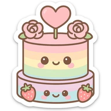 pastel rainbow wedding cake with strawberries, pink roses, heart topper, kawaii style sticker