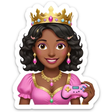 Crown dark black women smiling with really long WAVY hair pink dress pink crown facing forward black hair middle age adult woman gold gems in crown gold earrings  one woman smiling wink head only with holding game controller on side sticker