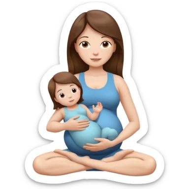 "Pregnant woman sitting in a yoga pose with long brown hair and fair skin, holding a newborn baby with short brown hair and fair skin." sticker