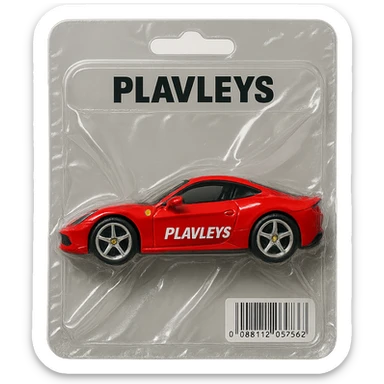 red Ferrari car with the word 'PLAVLEYS' on the side, inside a Hot Wheels style blister package, glossy and puffy, no background sticker