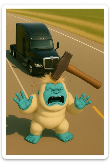 Change to a side view: show the modern black Kenworth W680 flat top semi sleeper far behind the abominable snowman, hammer actively hitting the snowman, light and realistic style, no text. sticker