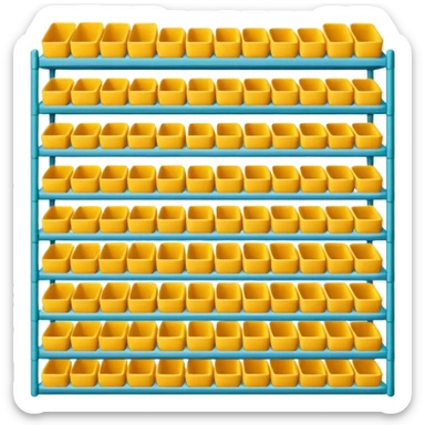 "Each product is stocked in multiple units placed directly behind one another on the same shelf, forming deep horizontal lines of identical items, while different product types are arranged vertically in separate columns." sticker