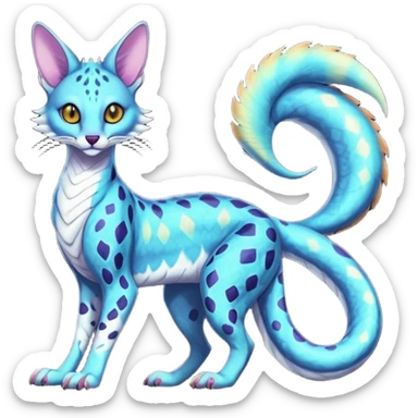 Flurry furry colorful bioluminescent translucent neon gloomy dusky scaly sergal-serval-possum-sphynx-Koi-sergal-fusion-animal-hybrid-creature with a snake-tail sticker