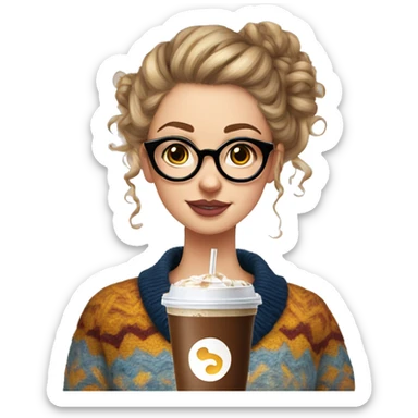 A white girl with circle glasses and a curly messy bun in an oversized and patterned sweater with an iced coffee sticker